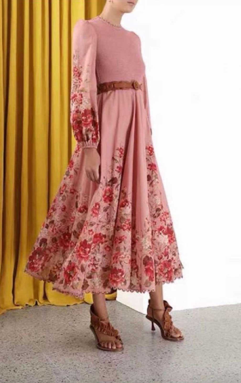Shirred Floral Print Midi Dress in Pink Cotton